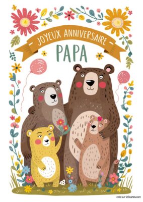 Illustration d'un groupe d'ours : un grand ours marron, un ours plus petit et un ourson jaune, tous entourés de fleurs et de ballons.