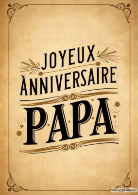 Carte d'anniversaire pour papa avec un fond beige et un cadre vintage, affichant Joyeux Anniversaire en grandes lettres stylisées.