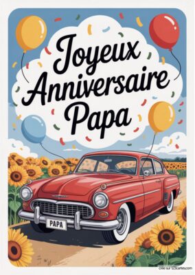 Illustration d'une voiture rouge devant un champ de tournesols, entourée de ballons, avec le texte d'anniversaire pour papa.