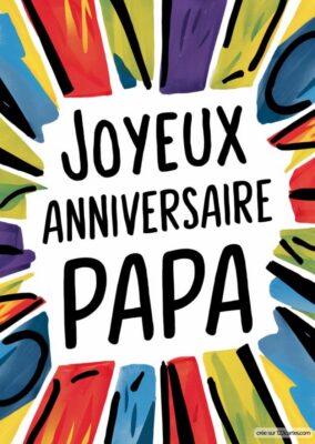 Carte d'anniversaire pour papa, avec des éclats de formes géométriques entourant un message festif en gros caractères.