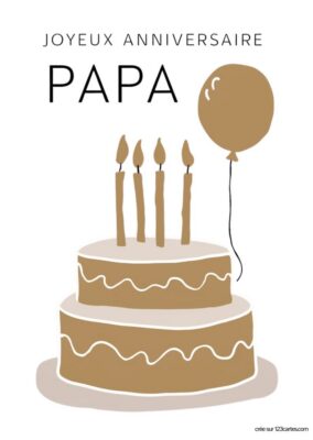 Dessin d'un gâteau d'anniversaire à trois niveaux, décoré de bougies et accompagné d'un ballon. Un design festif pour papa.