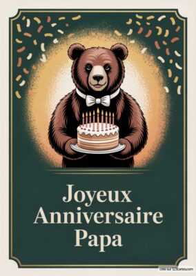 Illustration d'un ours souriant en tenue de fête, tenant un gâteau d'anniversaire avec des bougies, entouré de confettis.