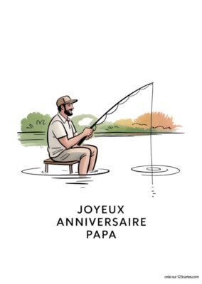 Illustration d'un homme assis sur un quai, pêchant avec une canne à pêche au bord d'un étang entouré d'arbres.