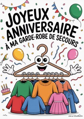 Carte Joyeux Anniversaire soeur ma garde-robe de secours à imprimer. Illustration colorée avec vêtements, ballons et confettis.