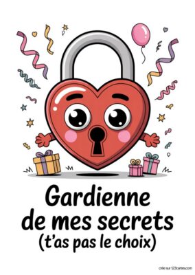 Carte anniversaire soeur «Gardienne de mes secrets» à imprimer pour soeur. Illustration d’un cadenas en forme de cœur rouge avec des yeux, style enfantin.