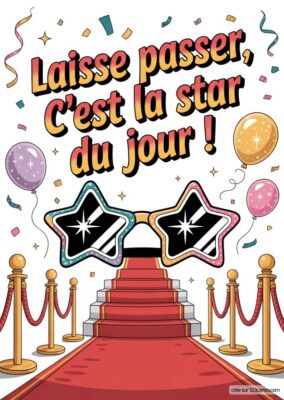 Carte anniversaire soeur «Star du jour» à imprimer, style cartoon : tapis rouge, lunettes étoile, ballons et confettis colorés.