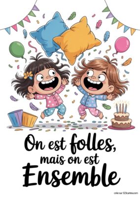 Carte anniversaire soeur à imprimer avec deux filles joyeuses en pyjama, coussins et confettis. Style illustration colorée.