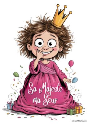 Carte anniversaire «Sa Majesté ma Soeur» à imprimer. Illustration d’une jeune fille en robe rose et couronne dorée, style dessin animé.