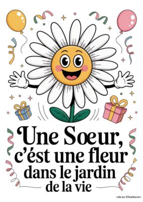 Carte anniversaire soeur à imprimer avec une marguerite souriante, ballons et cadeaux.