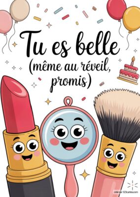Carte anniversaire soeur «Tu es belle» à imprimer avec illustration de maquillage kawaii (rouge à lèvres, miroir, pinceau).