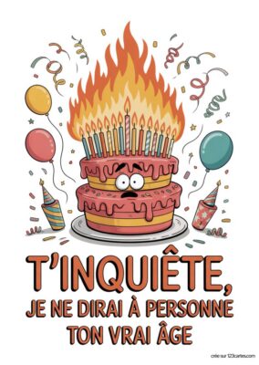 Carte d’anniversaire humoristique à imprimer pour soeur. Gâteau avec beaucoup de bougies et flammes, style dessin animé. Ballons et confettis colorés.