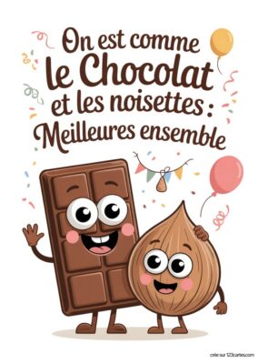Carte joyeux anniversaire soeur «Chocolat et Noisettes» à imprimer. Illustration cartoon d’une tablette de chocolat et d’une noisette souriantes.