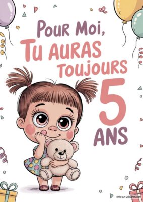 Carte anniversaire soeur à imprimer : illustration cartoon d’une fillette avec un ours en peluche, ballons et confettis. Style dessin animé.