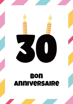 Carte anniversaire gratuite pour 30 ans, chiffres avec bougies et texte Joyeux anniversaire rouge, bordure colorée.