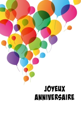 Ballons colorés flottent sur un fond blanc avec le texte Joyeux Anniversaire en lettres noires.