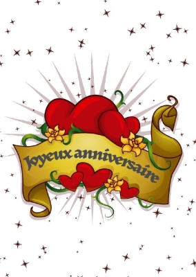 Joyeux anniversaire écrit sur un ruban, entouré de cœurs rouges et de fleurs, sur fond étoilé.