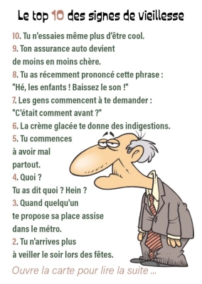 Carte d'anniversaire humoristique avec une liste des signes de vieillesse et une illustration d'un homme âgé en costume.