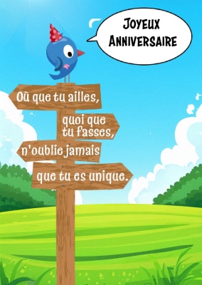 Oiseau joyeux sur un panneau directionnel, avec le message « Joyeux Anniversaire » et des conseils inspirants.