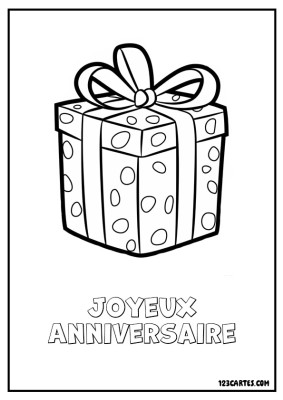 Coloriage représentant un cadeau emballé orné d'un nœud, avec des motifs de pois sur le papier.