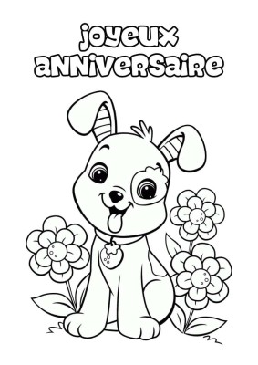 Chien joyeux entouré de fleurs avec texte Joyeux Anniversaire.