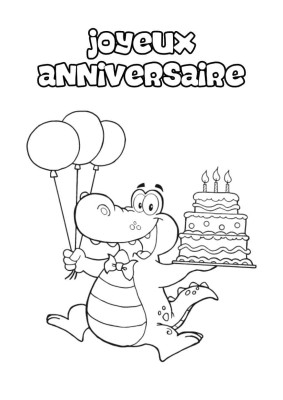 Crocodile souriant, habillé d'un nœud papillon, tient des ballons colorés dans une main et un gâteau d'anniversaire avec des bougies dans l'autre.