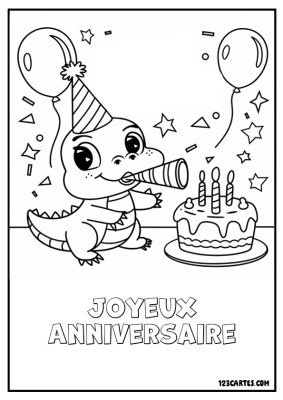 Adorable crocodile avec un chapeau de fête soufflant un serpent de fête devant un gâteau d’anniversaire.