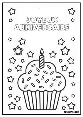 Coloriage d'un gâteau d'anniversaire avec une bougie dessus, entouré d’étoiles.