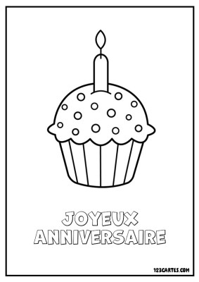 Coloriage d'un délicieux cupcake décoré de petits pois colorés et surmonté d'une bougie, avec le texte Joyeux Anniversaire en dessous.
