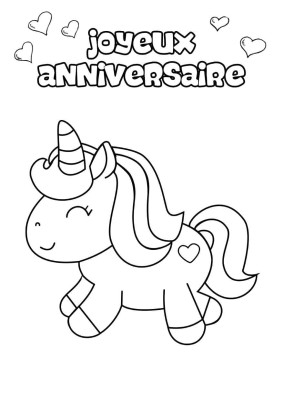 Illustration en noir et blanc d'une licorne souriante, avec une crinière ondulante et un cœur sur son flanc.