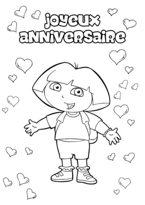 Dora l'exploratrice entouré de cœurs, avec les mots joyeux anniversaire en haut.