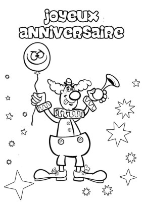 Clown joyeux tenant un ballon et une trompette, avec des étoiles et le texte Joyeux Anniversaire.