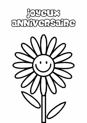 Coloriage de fleur souriante avec le texte 'Joyeux Anniversaire' au-dessus.