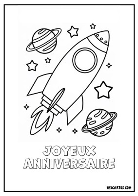 Image de coloriage représentant une fusée entourée de planètes et d'étoiles, accompagnée du message Joyeux Anniversaire.