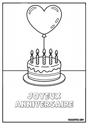 Coloriage d'un gâteau d'anniversaire décoré avec cinq bougies et un ballon en forme de cœur flottant au-dessus.