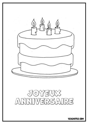 Gâteau d'anniversaire à trois étages décoré de quatre bougies allumées, dessin au trait simple à colorier.
