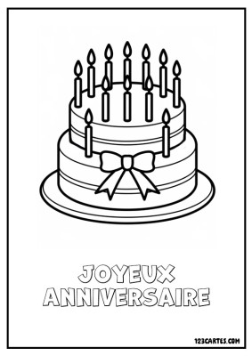 Coloriage d'un gâteau d'anniversaire décoré avec des bougies et un nœud.