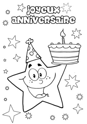 Étoile joyeuse avec gâteau et chapeau de fête entourée d'étoiles, avec le texte Joyeux Anniversaire en haut.