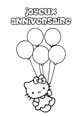 Image en noir et blanc avec Hello Kitty, tenant plusieurs ballons.