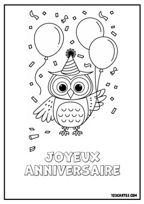 Hibou avec un chapeau de fête, entouré de ballons et de confettis.