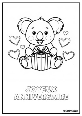 Koala souriant tenant un cadeau entouré de cœurs.