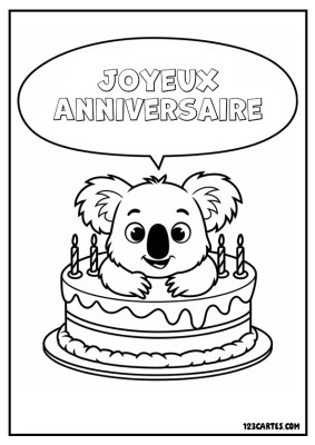 Koala joyeux sortant d’un gâteau d’anniversaire.