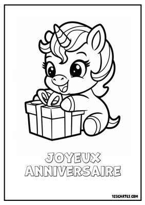 Petite licorne assise avec un cadeau, souriante et joyeuse.