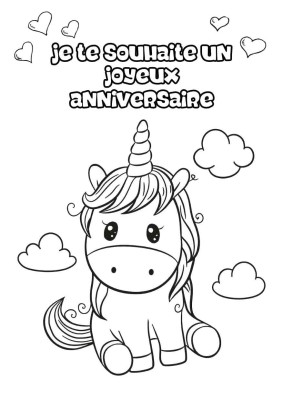 Licorne mignonne entourée de nuages et cœurs, avec texte Je te souhaite un joyeux anniversaire en style de coloriage.