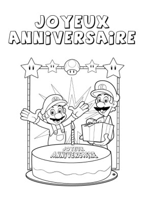 Mario et Luigi célèbrent un anniversaire avec un grand gâteau et des cadeaux.