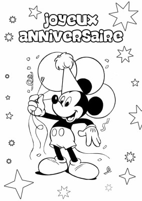 Coloriage représentant mickey la souris joyeuse, qui porte un chapeau d'anniversaire et tenant des serpentins.