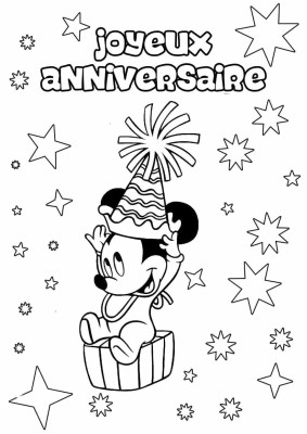 Mickey qui porte un chapeau de fête, il célébre un anniversaire avec des étoiles autour.