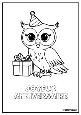 Coloriage d'une chouette joyeuse portant un chapeau de fête, accompagnée d'un cadeau.