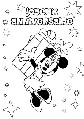 Minnie festif portant un cadeau sous l'inscription Joyeux Anniversaire, entouré d'étoiles.