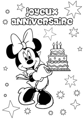 Minnie avec un gros nœud papillon sur la tête qui porte un gâteau d'anniversaire à trois bougies, entouré d'étoiles,