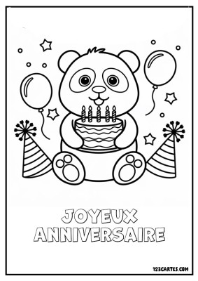 Panda avec un gâteau d’anniversaire, entouré de ballons et d'étoiles.